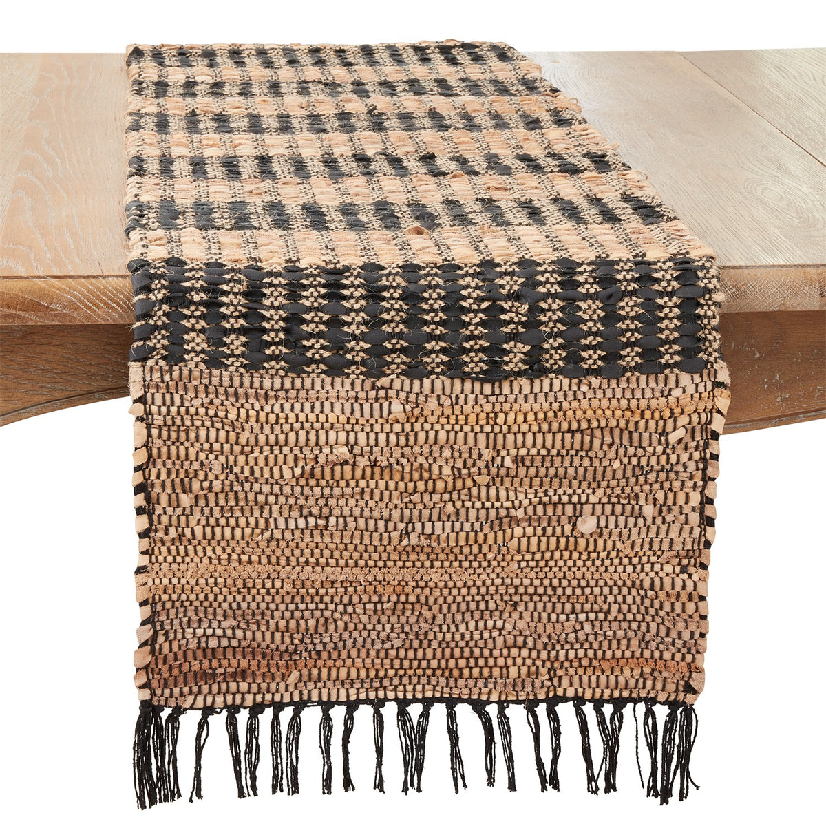 Everyday / All Season Black/Natural Striped Chindi Table Runner, 80% leather - 10% cotton - 10% jute