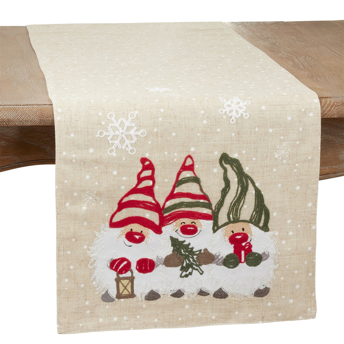 Christmas Natural Beige Gnomes Table Runner, 80% polyester - 20% linen