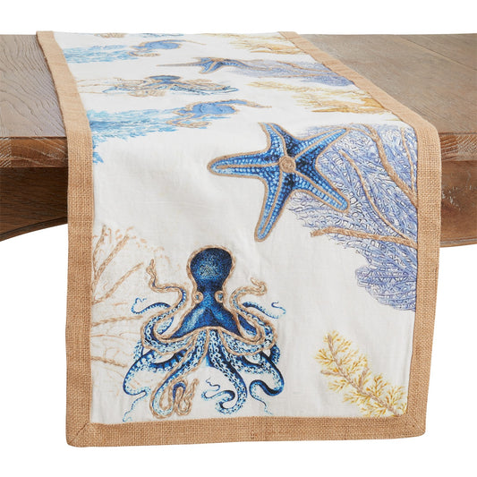Everyday / All Season Navy Blue Sea Life Table Runner, 100% cotton