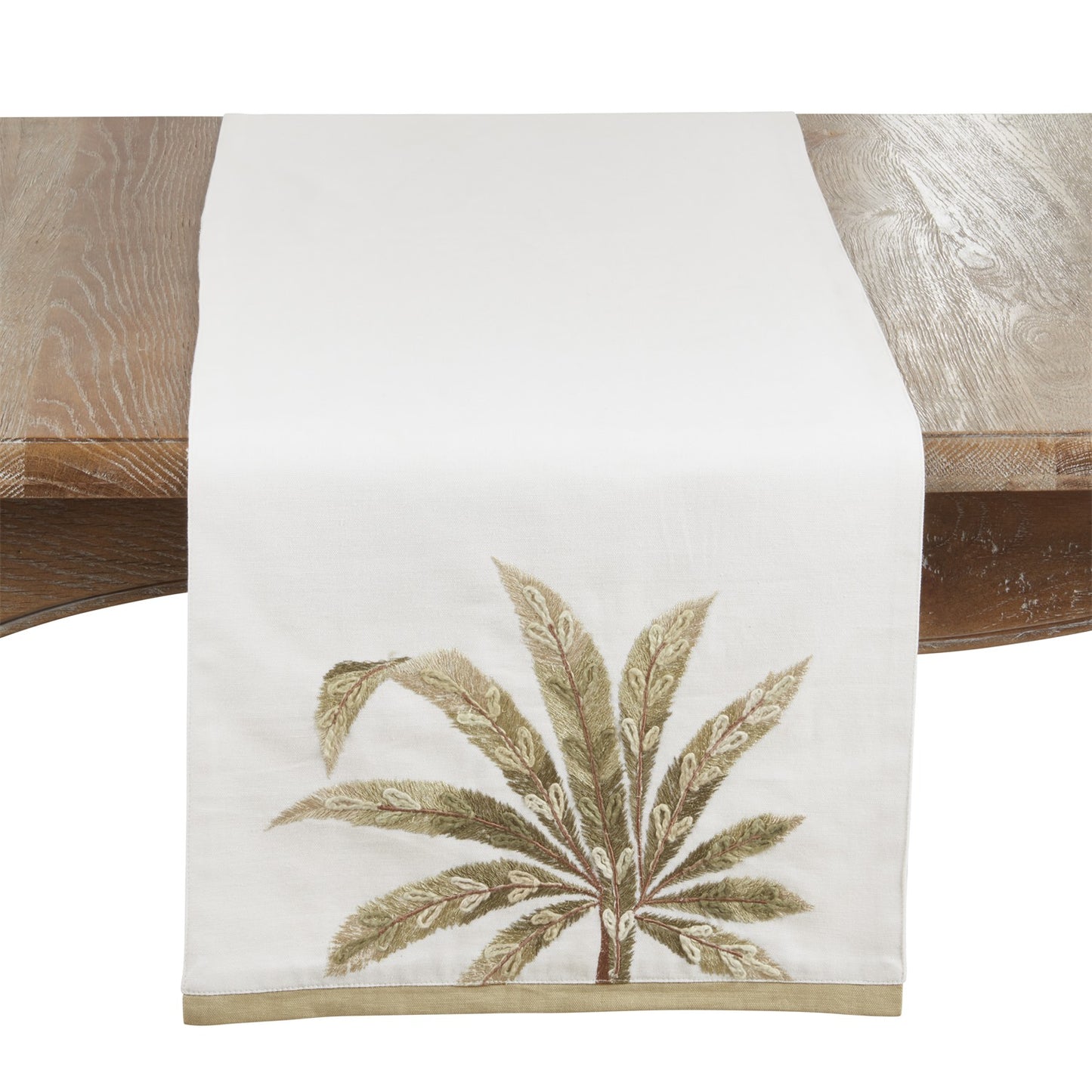 Everyday / All Season Ivory Off-White Embroidered Palm Tree Table Runner, 100% polyester