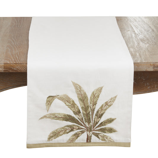 Everyday / All Season Ivory Off-White Embroidered Palm Tree Table Runner, 100% polyester