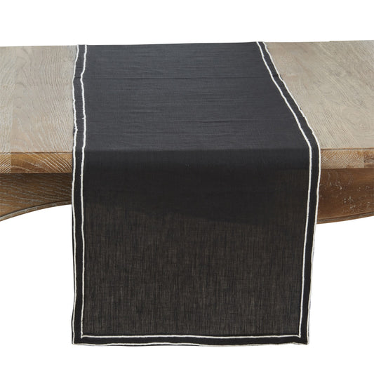 Everyday / All Season Black Embroidered Double Line Table Runner, 100% linen