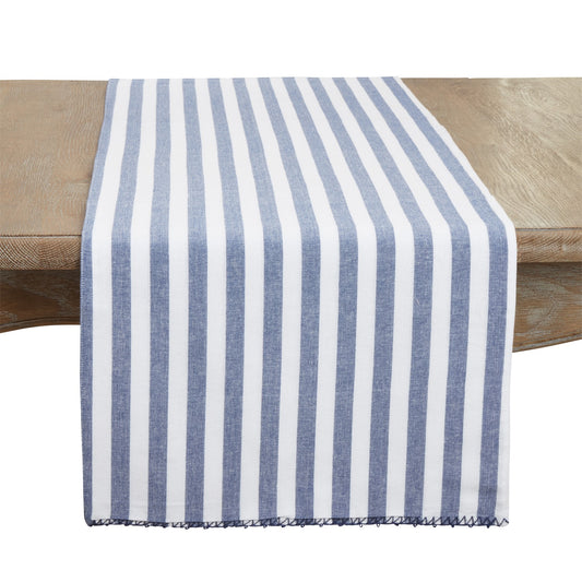 Everyday / All Season Blue Striped Whipstitch Pom Pom Table Runner, 100% cotton