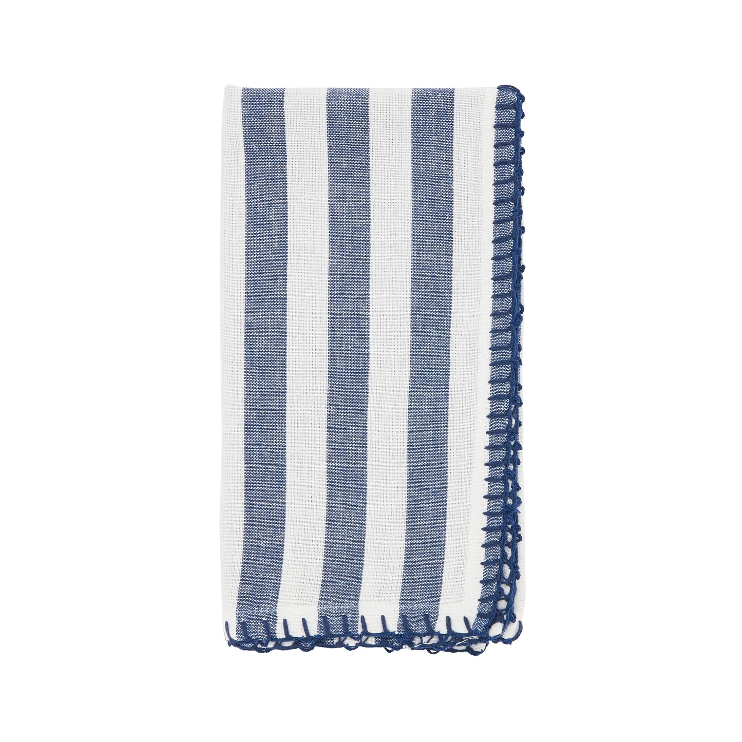 Blue Striped Whipstitch Pom Pom Napkins 100% cotton, 20 Inch Square (4 pcs.)