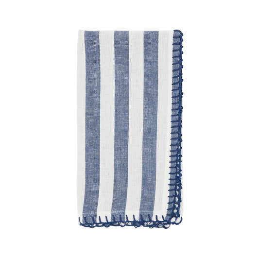 Blue Striped Whipstitch Pom Pom Napkins 100% cotton, 20 Inch Square (4 pcs.)