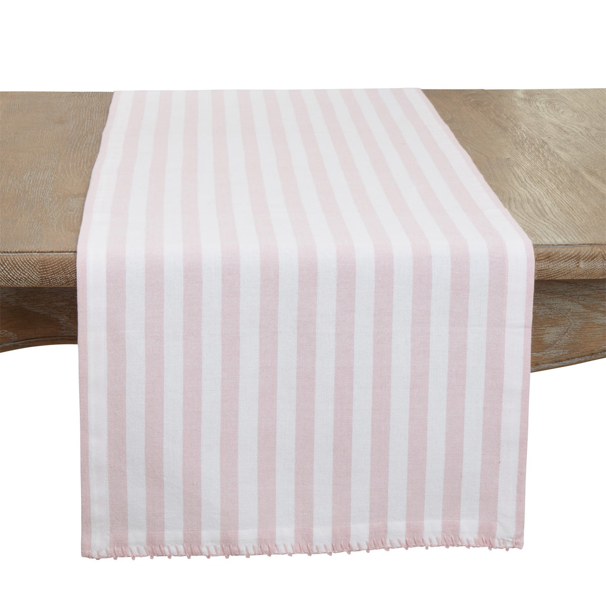 Everyday / All Season Pink Striped Whipstitch Pom Pom Table Runner, 100% cotton