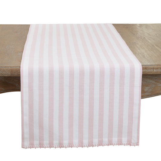 Everyday / All Season Pink Striped Whipstitch Pom Pom Table Runner, 100% cotton