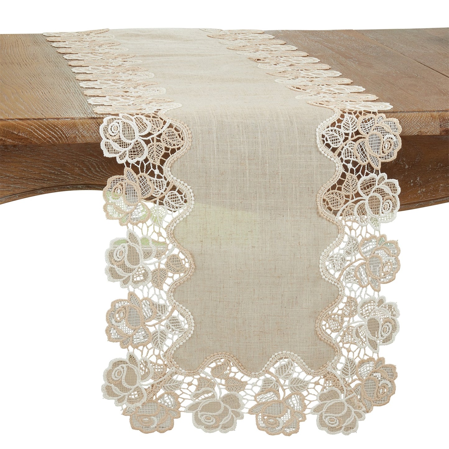 Everyday / All Season Natural Beige Lace Rose Border Table Runner, 80% polyester - 20% linen
