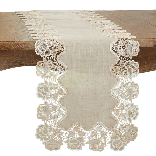 Everyday / All Season Natural Beige Lace Rose Border Table Runner, 80% polyester - 20% linen