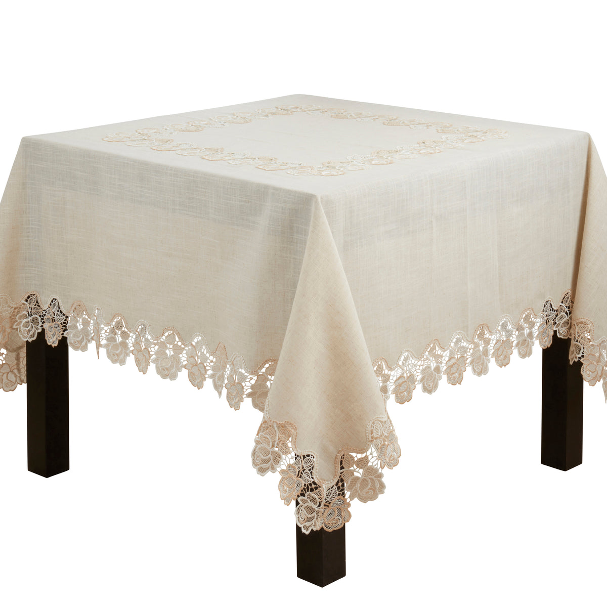 Natural Beige  Lace Rose Border Tablecloth  80% polyester - 20% linen