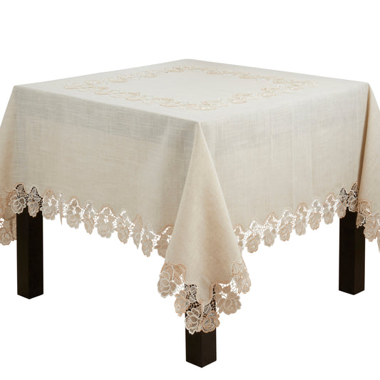 Natural Beige  Lace Rose Border Tablecloth  80% polyester - 20% linen