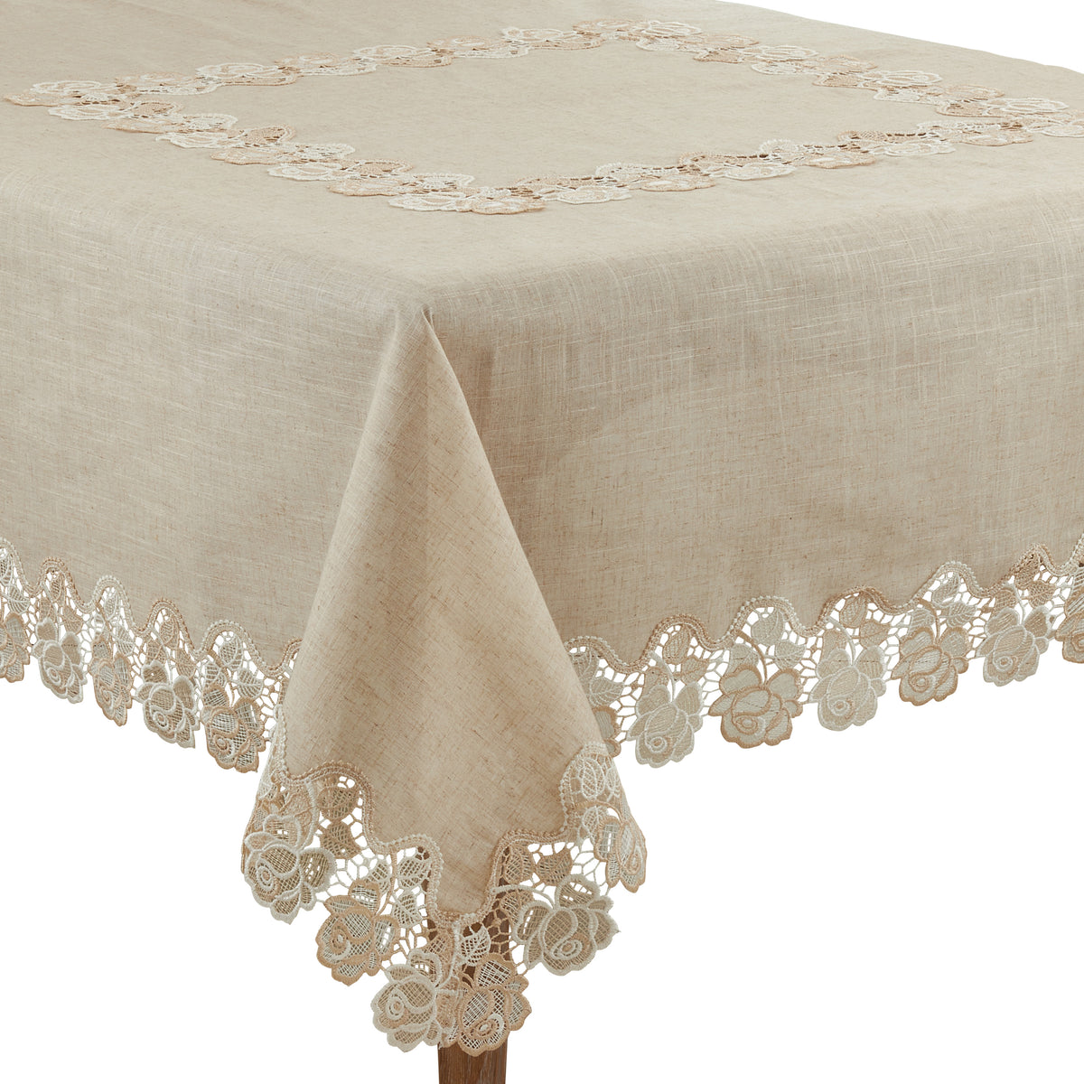 Natural Beige  Lace Rose Border Tablecloth  80% polyester - 20% linen