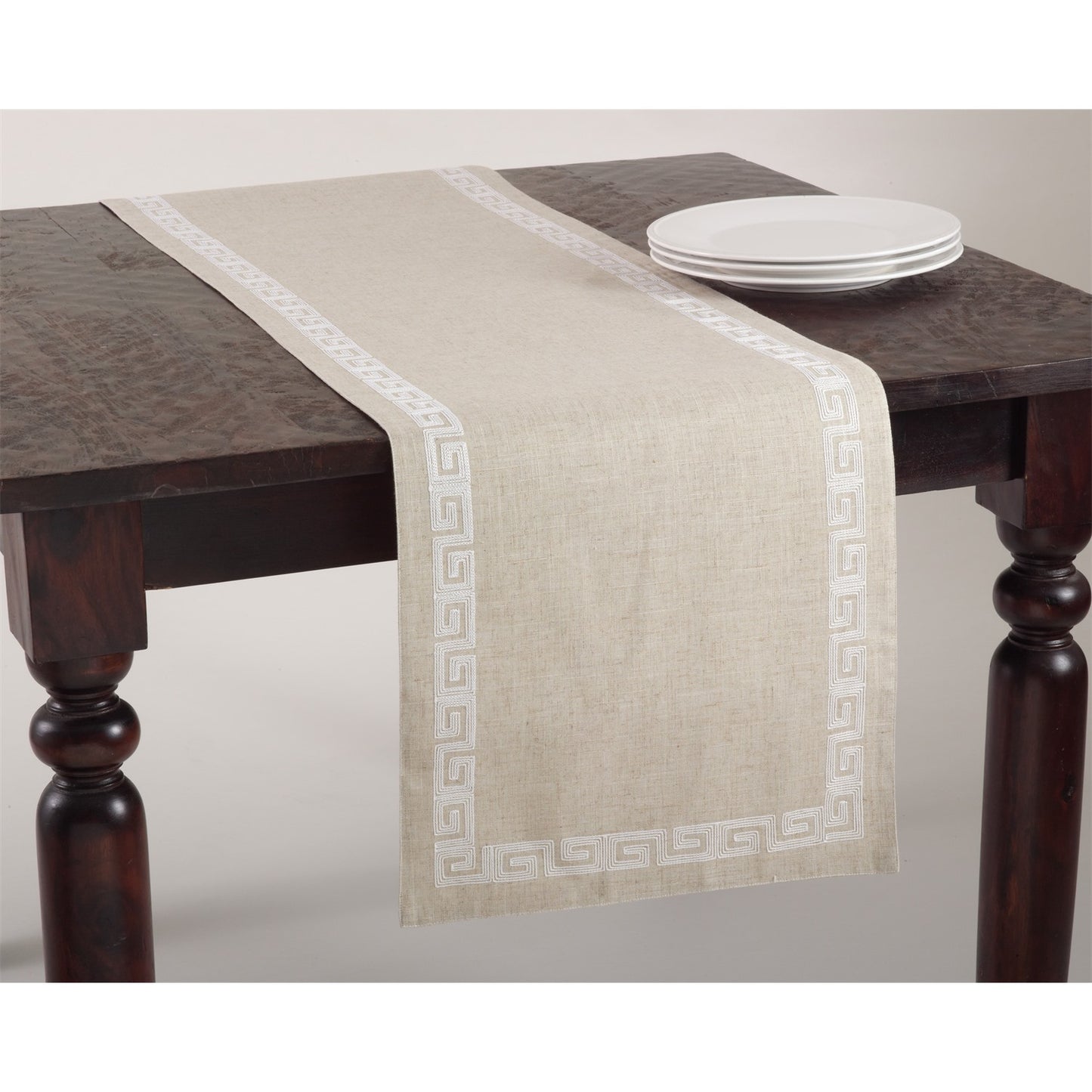 Everyday / All Season White Stitched Greek Key Design Table Runner, 80% polyester - 20% linen