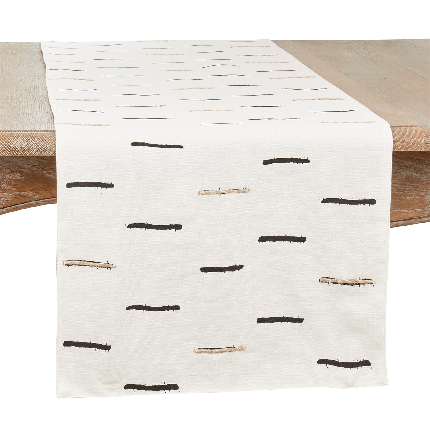 Everyday / All Season White Embroidered Dashes Table Runner, front: 100% cotton, back: 100% polyester