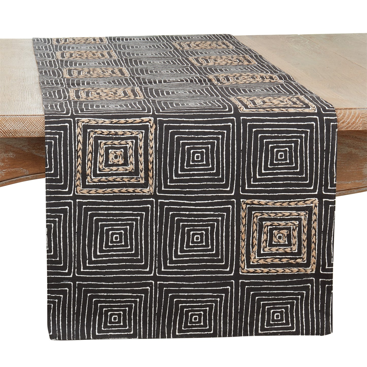 Everyday / All Season Black Embroidered Maze Table Runner, front: 100% cotton, back: 100% polyester