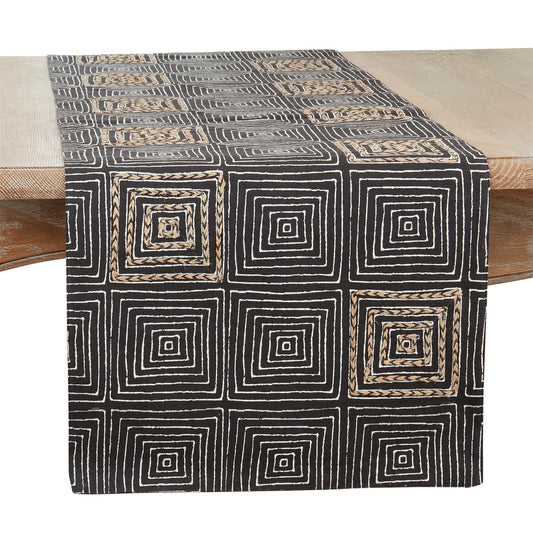 Everyday / All Season Black Embroidered Maze Table Runner, front: 100% cotton, back: 100% polyester