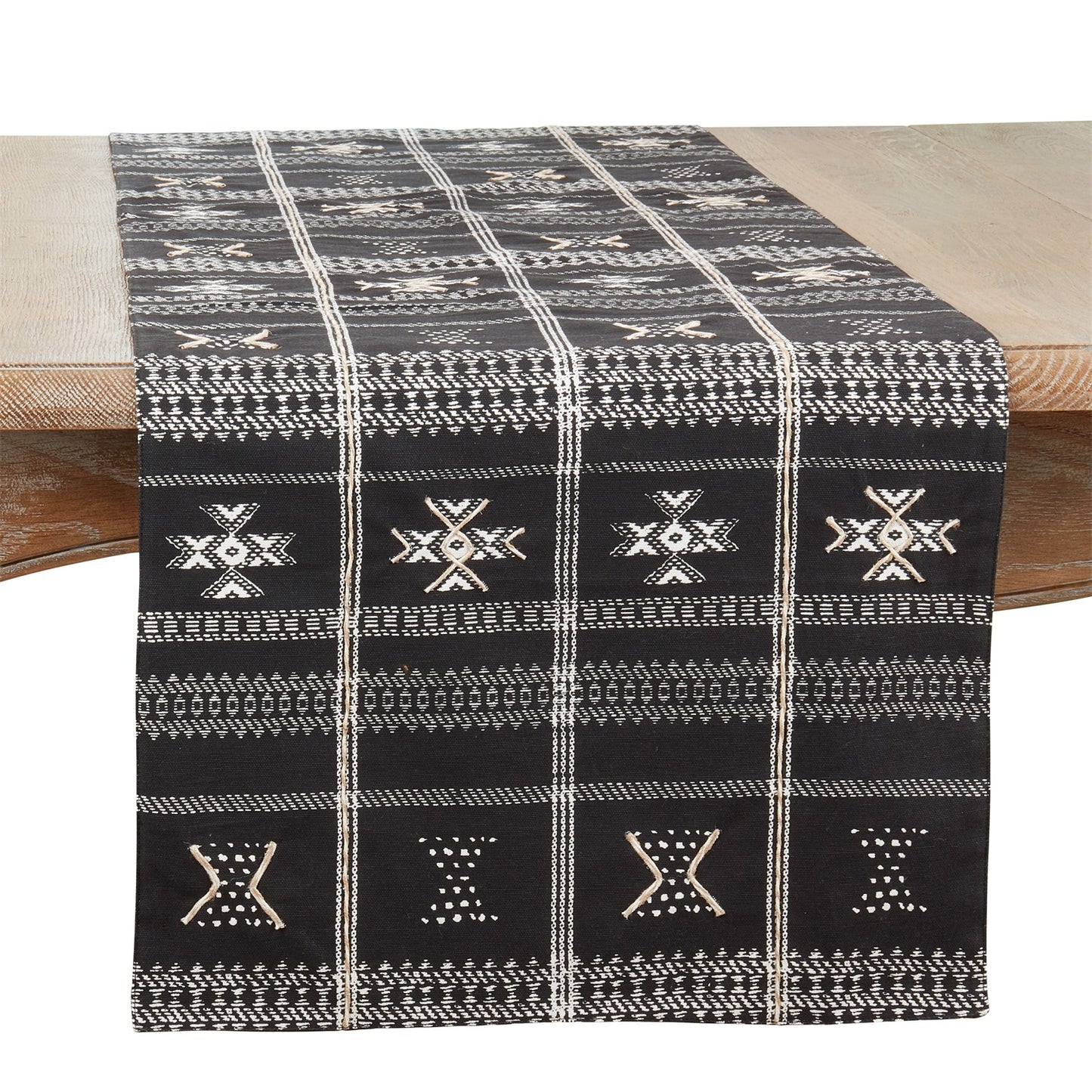Everyday / All Season Black Embroidered Mud cloth Table Runner, front: 100% cotton, back: 100% polyester