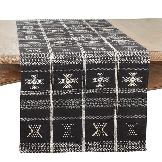 Everyday / All Season Black Embroidered Mud cloth Table Runner, front: 100% cotton, back: 100% polyester