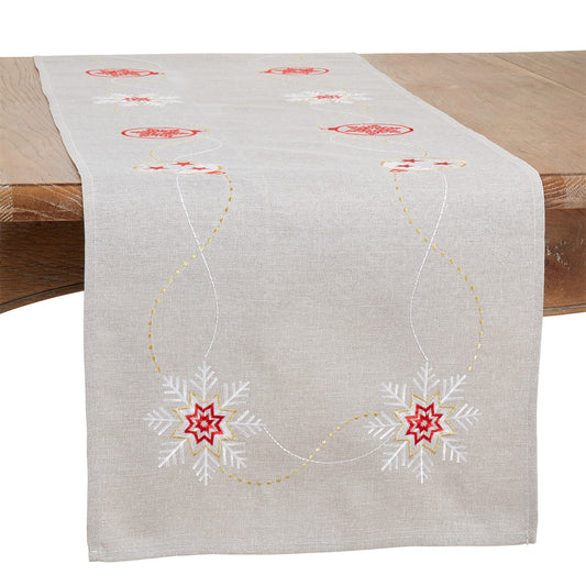 Christmas Silver Embroidered Ornaments Table Runner, 100% polyester