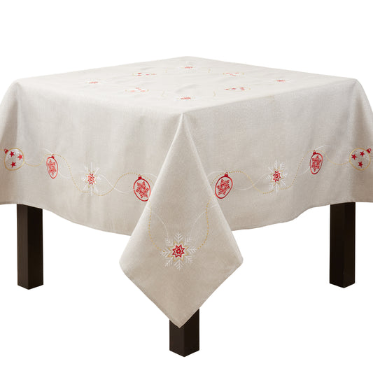 Silver  Embroidered Christmas Holiday Ornaments Tablecloth  100% polyester
