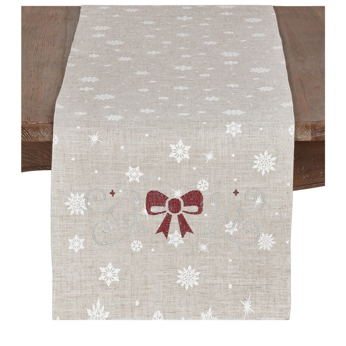 Christmas Natural Beige Embroidered Bow and Snowflake Table Runner, 80% polyester - 20% linen