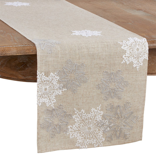 Christmas Natural Beige Embroidered Snowflake Table Runner, 100% Polyester
