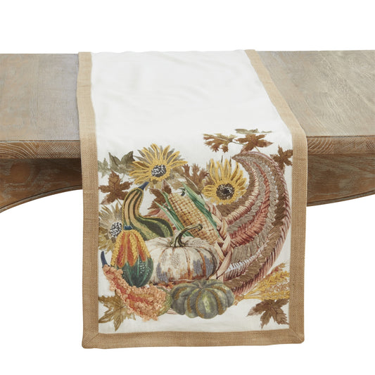 Thanksgiving / Fall Harvest Multi Embroidered Cornucopia Table Runner, 100% cotton