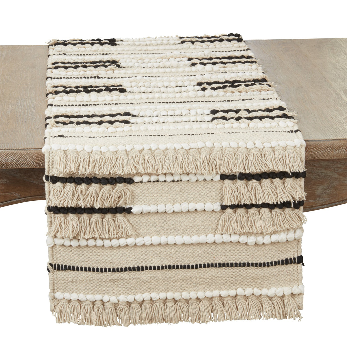 Everyday / All Season Natural Beige Fringe Knot Table Runner, 90% cotton - 10% viscose