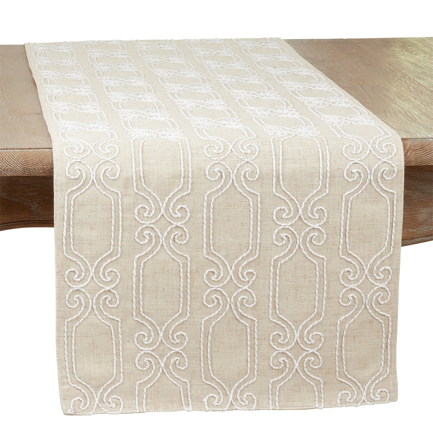 Everyday / All Season White Embroidered Scroll Table Runner, 80% polyester - 20% linen