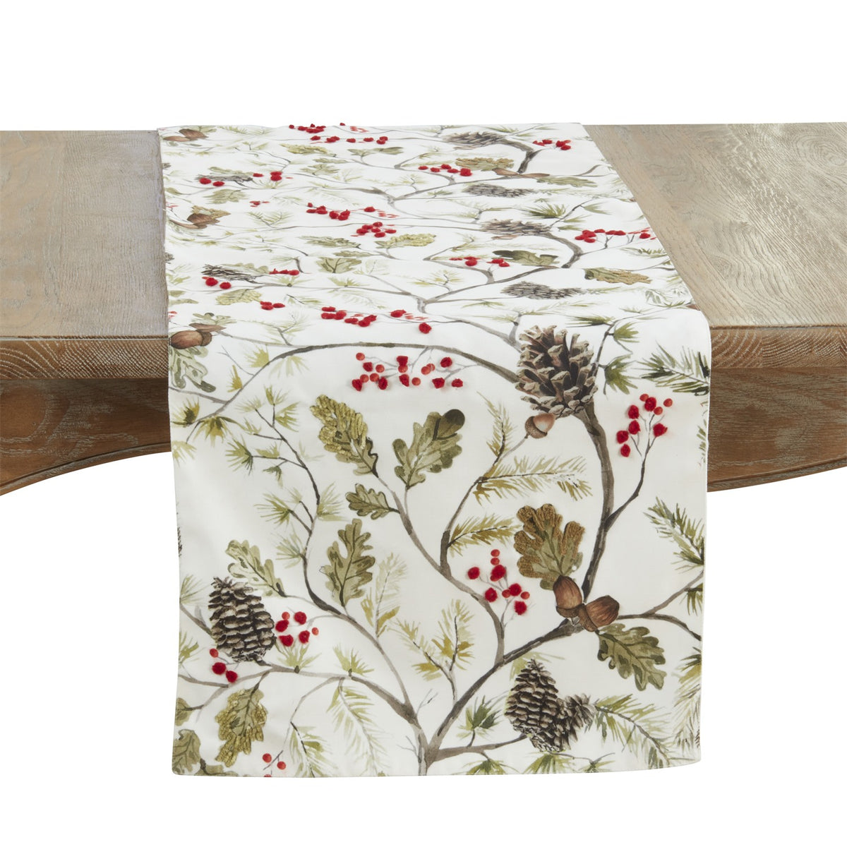 Christmas Multi Pinecone and Red Berry Table Runner, 100% Polyester