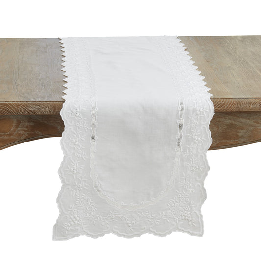 Everyday / All Season White Embroidered Floral Table Runner, linen/cotton