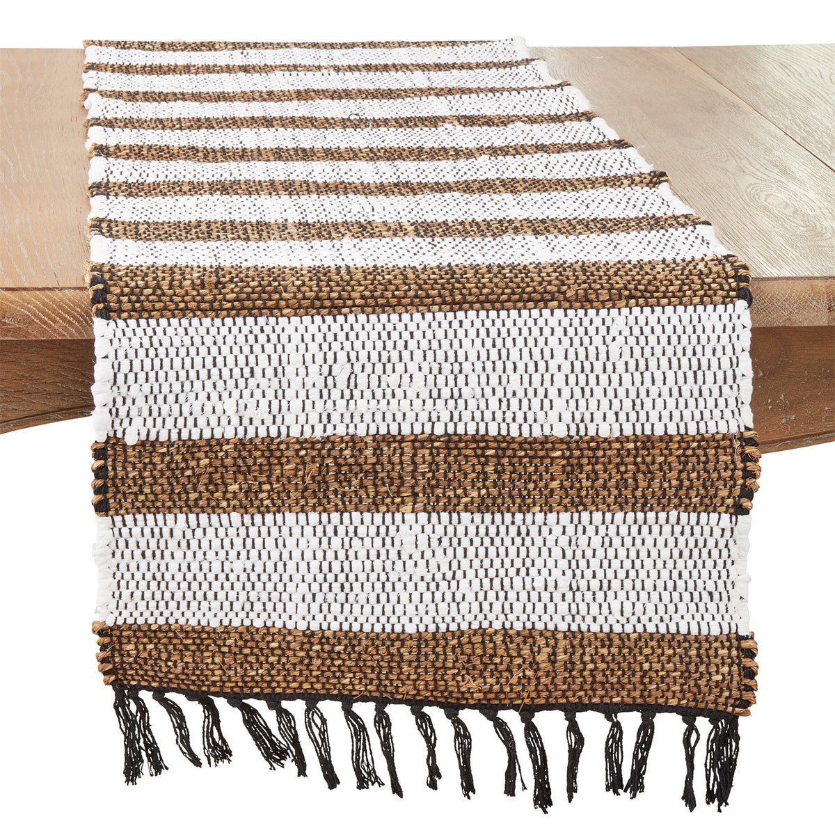 Everyday / All Season Natural Beige Striped Chindi Table Runner, 55% cotton - 45% sea grass