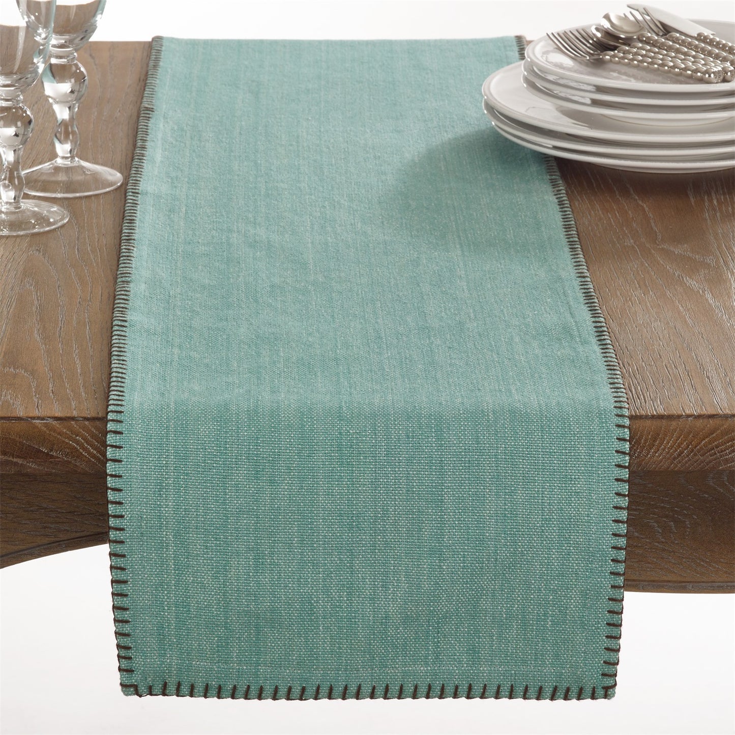 Everyday / All Season Aqua Blue Whip Stitched Design Table Runner, 100% cotton