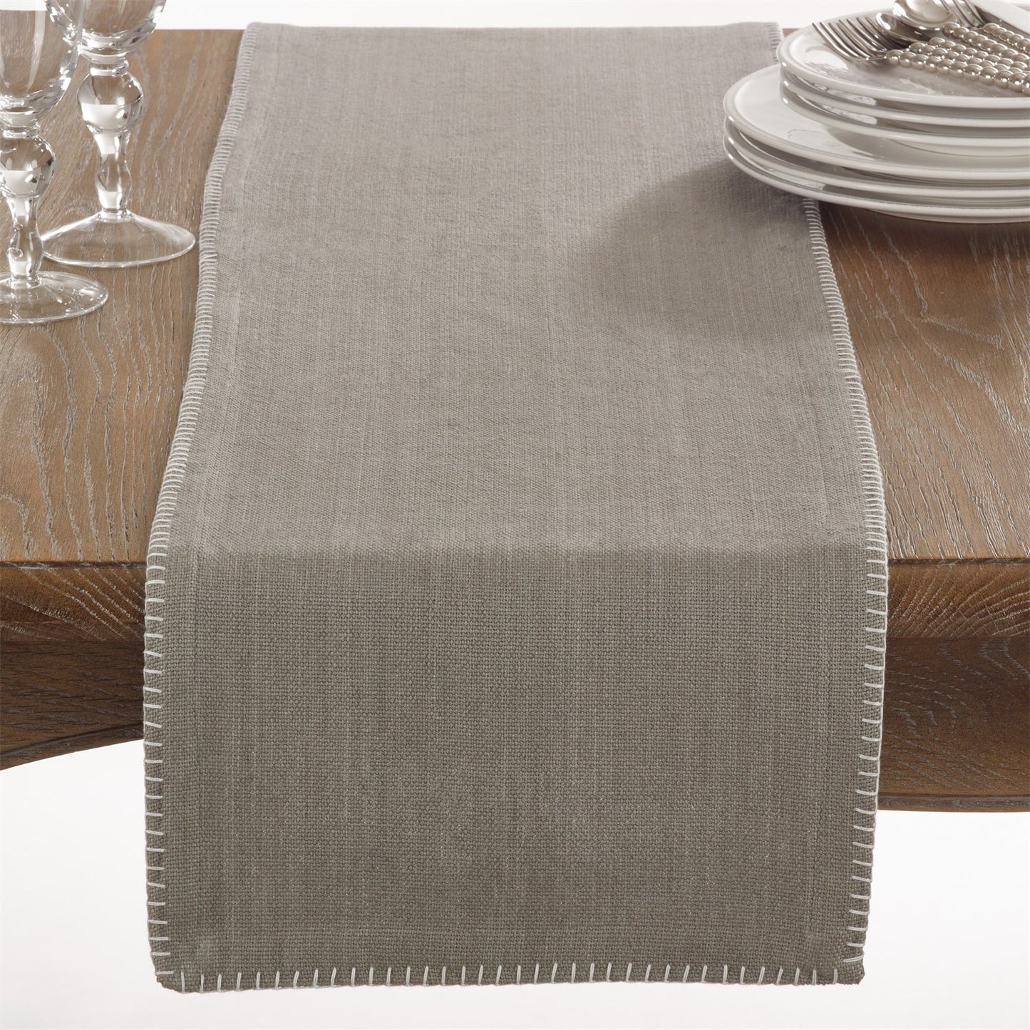 Everyday / All Season Grey Whip Stitched Design Table Runner, 100% cotton