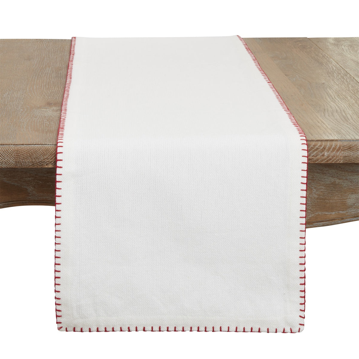 Everyday / All Season White/Red Whip Stitched Design Table Runner, 100% cotton