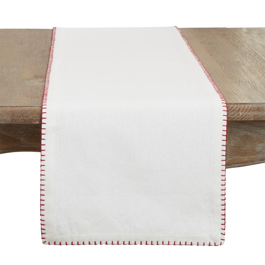 Everyday / All Season White/Red Whip Stitched Design Table Runner, 100% cotton