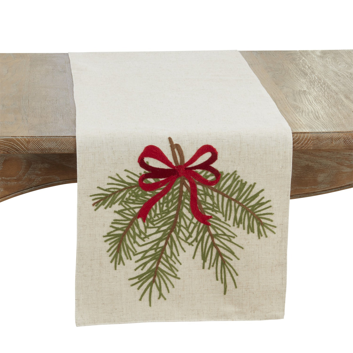 Christmas Natural Beige Pine Needle and Bow Table Runner, 84% polyester - 16% linen