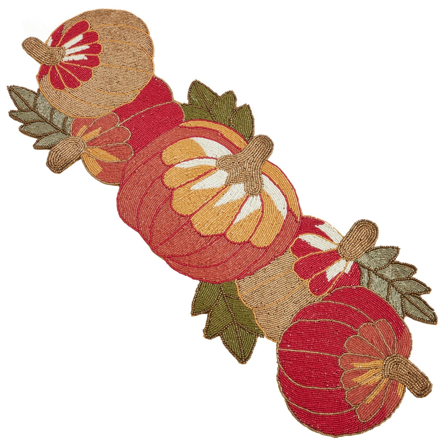 Thanksgiving / Fall Harvest Orange Beaded Pumpkin Table Runner, Top: glass beads, Bottom: polyester fabric