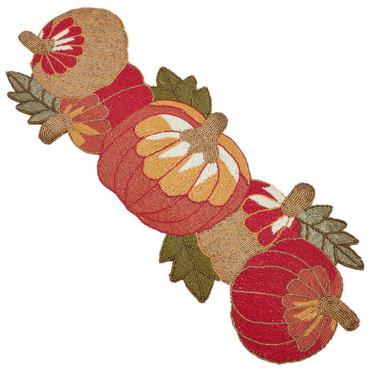 Thanksgiving / Fall Harvest Orange Beaded Pumpkin Table Runner, Top: glass beads, Bottom: polyester fabric