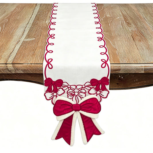 Christmas Red/White Bow Table Runner, 100% polyester