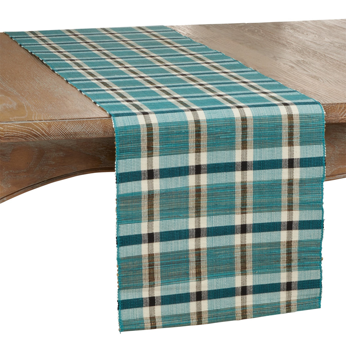 Everyday / All Season Turquoise Blue Plaid Woven Water Hyacinth Table Runner, 100% water hyacinth
