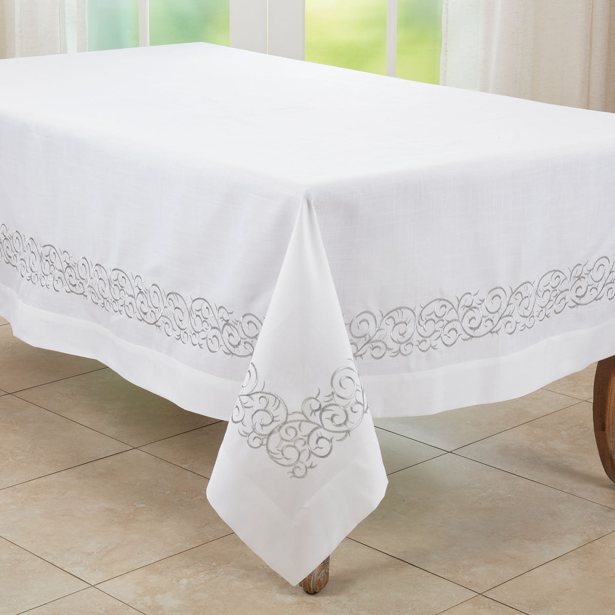 Silver  Embroidered Scroll Tablecloth  100% polyester