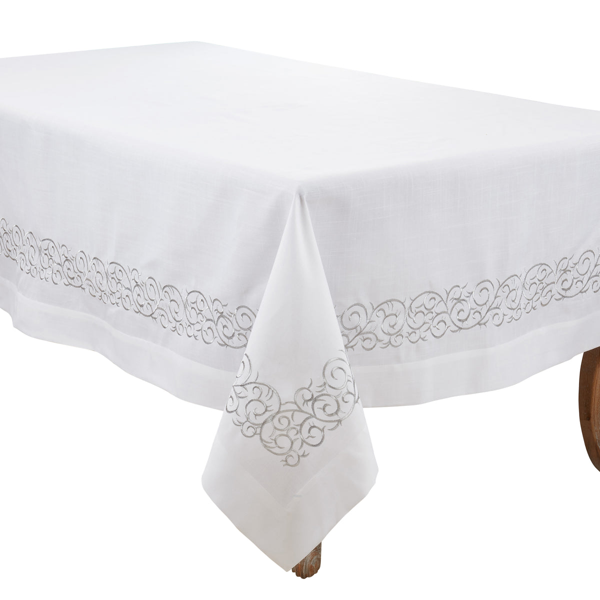 Silver  Embroidered Scroll Tablecloth  100% polyester