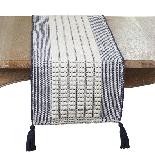 Everyday / All Season Navy Blue Dashed Stripe Table Runner, 80% cotton - 20% wool