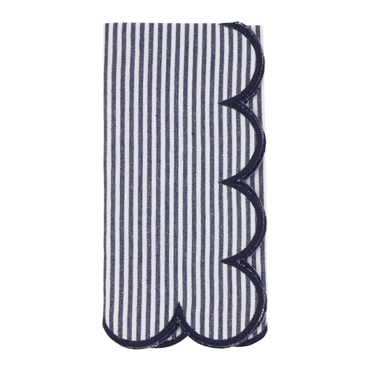 Navy Blue Striped Scalloped Napkins 100% cotton, 20 Inch Square (4 pcs.)