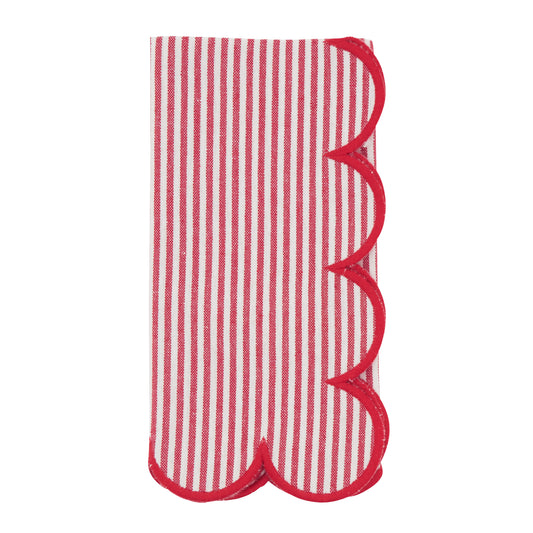Red Striped Scalloped Napkins 100% cotton, 20 Inch Square (4 pcs.)