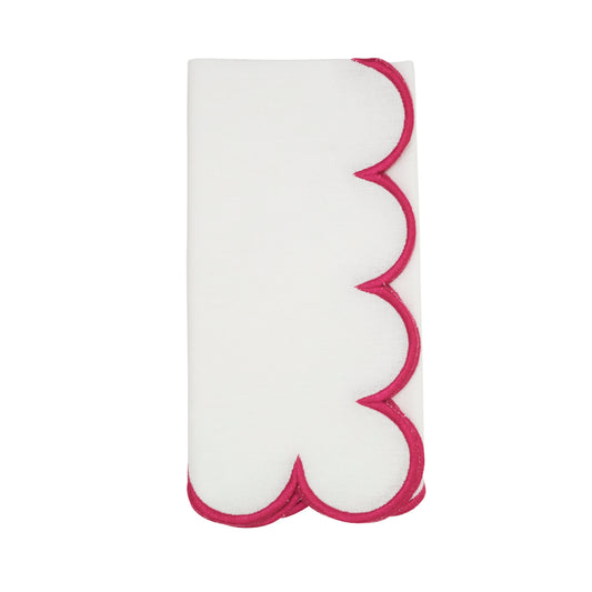 White/Fuchsia Scalloped Napkins 100% cotton, 20 Inch Square (4 pcs.)