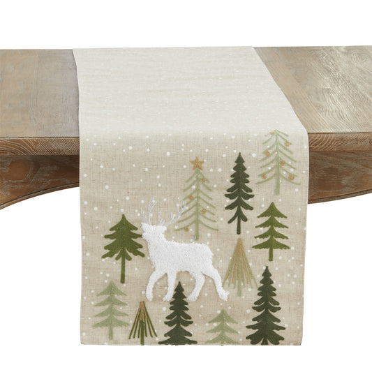 Christmas Natural Beige Christmas Trees and Deer Table Runner, 100% Polyester
