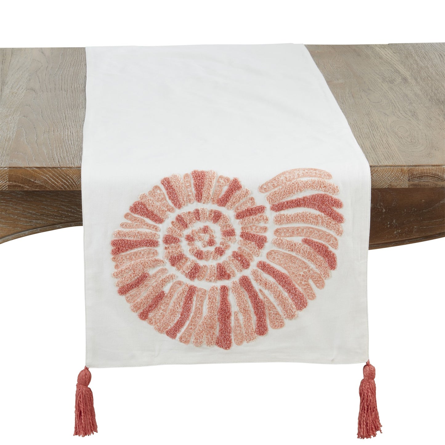 Everyday / All Season Coral Embroidered Seashell Table Runner, 100% cotton