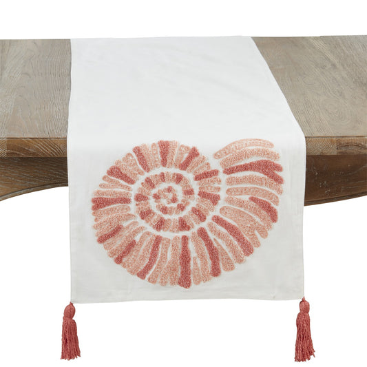 Everyday / All Season Coral Embroidered Seashell Table Runner, 100% cotton